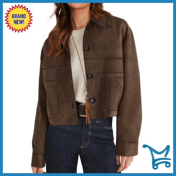 Faux Suede Cropped Jacket Women's Lightweight Casual Fall Outerwear - Picture 2 of 8